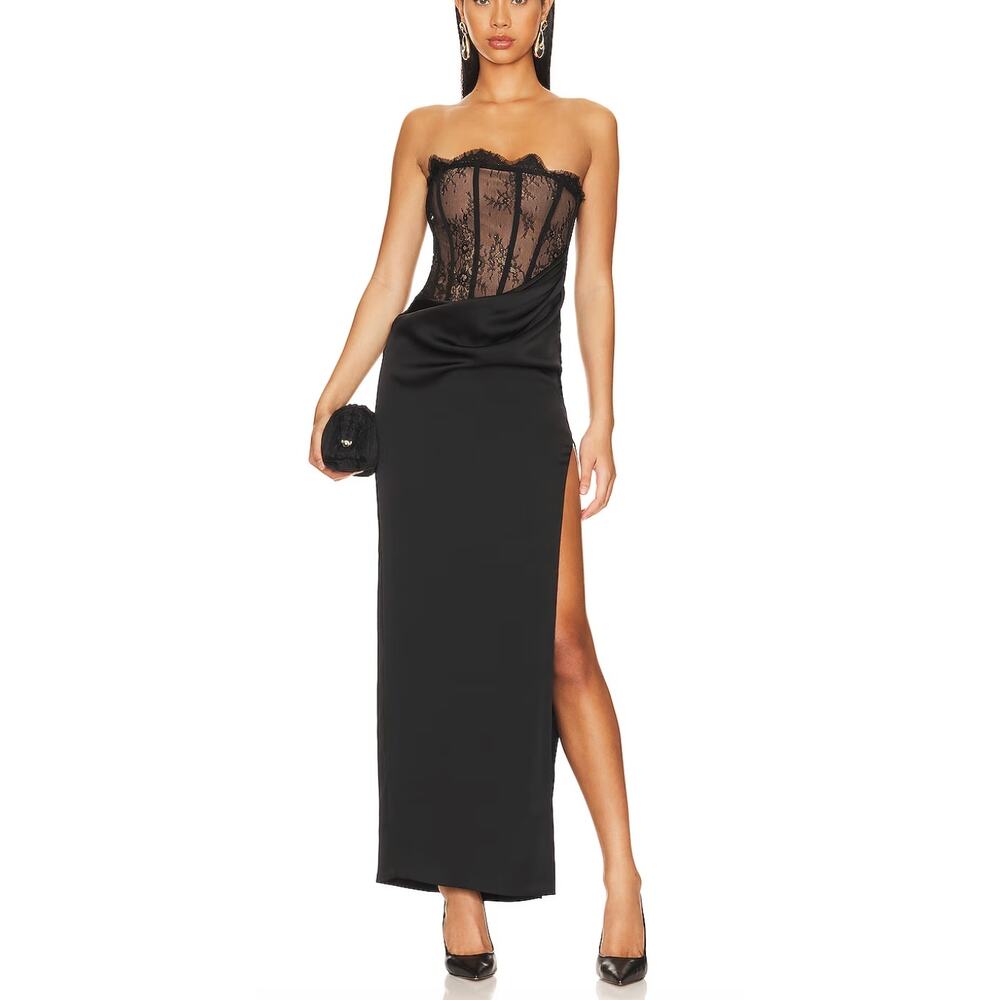 NBD Black Strapless Lace Bodice Maxi Dress
